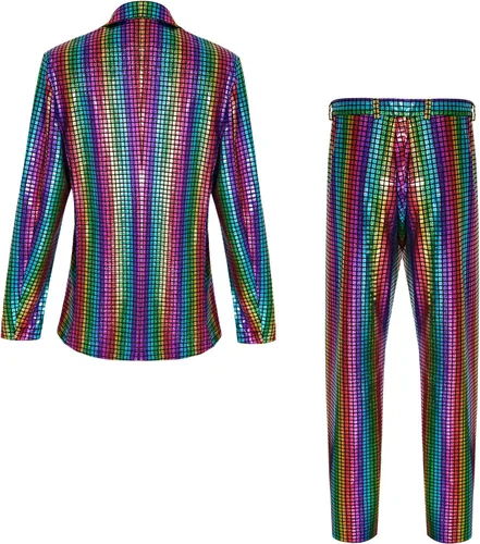 Vista 3 de Traje de discoteca de los años 70 para hombre, traje de arcoíris, chaqueta y pantalones de lentejuelas, disfraz de fiesta de Halloween