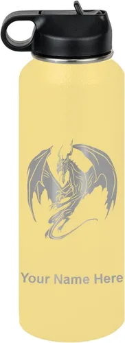 Vista 69 de LaserGram Botella de agua con tapa abatible de doble pared de 12 onzas con pajilla, dragón, grabado personalizado incluido (negro)