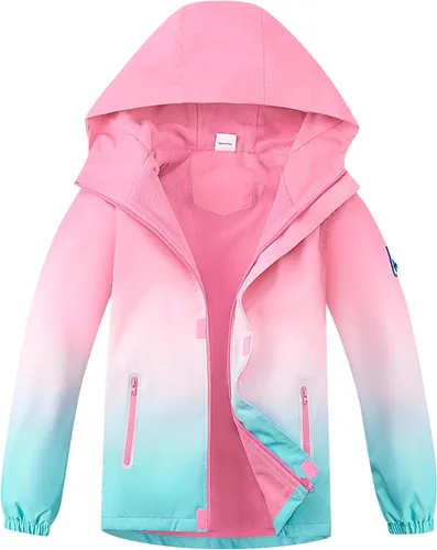Vista 7 de M2C - Chaqueta ligera impermeable para exteriores con capucha para niñas, forro polar con estampado floral Perla de guepardo