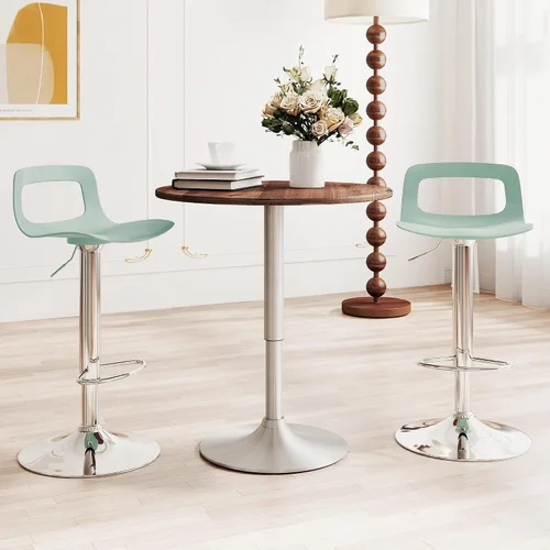 Vista 9 de Juego de 2 taburetes de bar, taburetes de bar giratorios de plástico ajustables, taburetes modernos con respaldo abierto y reposapiés, taburetes