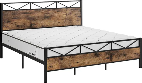 Vista 6 de GAOMON Base de cama tamaño Queen, marco de cama de plataforma de metal con cabecera y estribo de madera rústica vintage, sin ruido, fácil montaje
