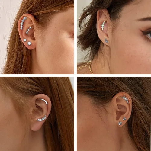 Vista 3 de Jstyle Juego de 8 aretes tipo dormilona de acero inoxidable 316L de 16G para mujeres y niñas, barra de hoja de ópalo con circonita cúbica, rosca