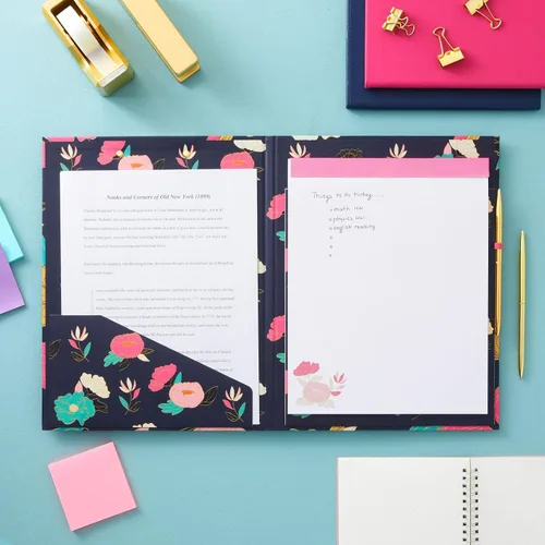 Vista 2 de Paper Junkie Carpeta portapapeles floral con bloc de notas y almacenamiento, 13 x 9 pulgadas, color negro clásico, clip de perfil bajo, bolsillo