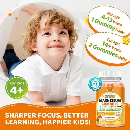 Vista 6 de Gomitas de glicinato de magnesio para niños, suplemento cerebral para la memoria y la concentración con fosfatidilserina, L-teanina, zinc para niños