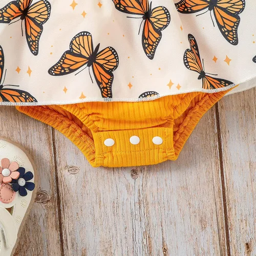 Vista 6 de Conjunto de 2 piezas de ropa de verano para bebé recién nacida, manga corta, estampado de mariposas, con tirantes acanalados, diadema