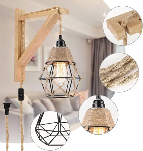 Vista 8 de Frideko - Juego de dos apliques de pared de madera enchufables, lámpara de pared rústica con cable de enchufe, accesorios de luz de pared
