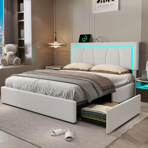 Vista 9 de Hasuit Marco de cama Full con 4 cajones de almacenamiento debajo, cama de plataforma tapizada tamaño Full con cabecera de cuero artificial, cama