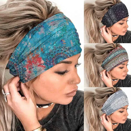 Vista 9 de Olbye Diademas bohemias anchas elásticas y antideslizantes para mujer y niña - para entrenamiento, yoga, correr, banda para el sudor, pañuelos