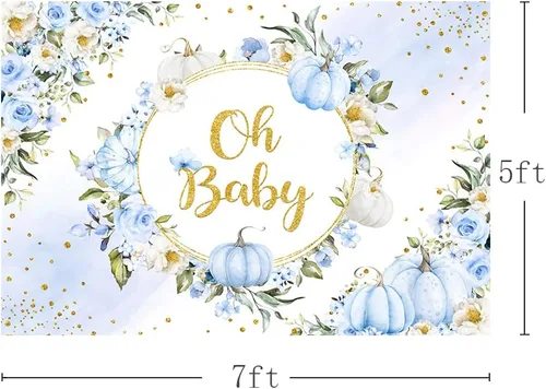 Vista 3 de MEHOFOND Fondo de otoño de 7 x 5 pies con diseño de calabaza Oh Baby en colores pastel, acuarela, azul, floral, recién nacido, baby shower