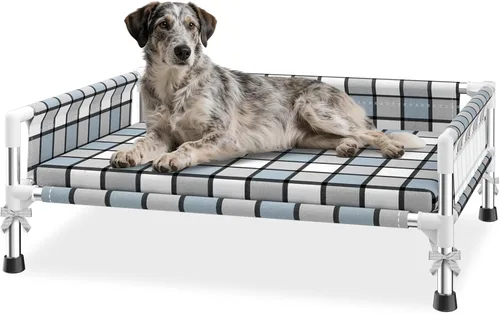 Vista 7 de Cama elevada elevada para perros al aire libre – Cuna fresca y lavable para perros con barandilla, cama de malla de algodón duradera y transpirable