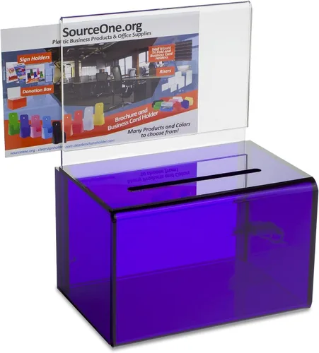 Vista 4 de lujosa caja para donaciones rectangular de 5 pulgadas de ancho, con marco para publicidad y candado gratis, Azul