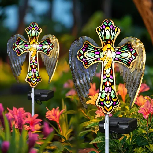 Vista 7 de YJFWAL Luz Solar de Estaca de Jardín con Cruz de Cristal, Decoraciones de Cementerio para Luces Exteriores de Tumba, Regalos Conmemorativos