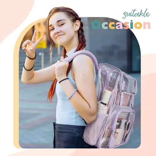 Vista 2 de mommore Mochila transparente para escuela, resistente, grande, transparente, de PVC, transparente, 1PC-Púrpura, Grande, Mochila transparente