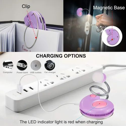 Vista 6 de Luz de libro, luz de lectura LED, luces de lectura para libros en la cama, luz de lectura de libros recargable por USB, luz de libro regulable de 3