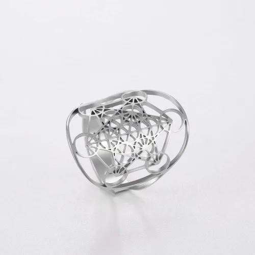 Vista 7 de TEAMER Anillos de metatrón ajustables de acero inoxidable, anillos huecos ajustables, joyería de flor de la vida para mujeres