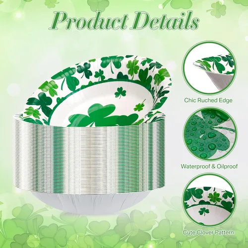 Vista 4 de Domensi 50 cuencos de papel del día de San Patricio, 50 unidades, 16 onzas, cuencos desechables de trébol verde de la suerte, decoraciones de fiesta