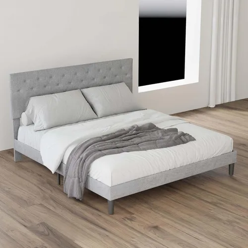 Vista 3 de Base de cama tapizada de tamaño matrimonial con cabecera de botón ajustable, base de colchón con soporte de listones de madera, no necesita somier