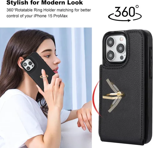 Vista 3 de Folosu Funda compatible con iPhone 15 Pro Max con soporte para tarjetas, rotación de 360°, soporte de anillo de dedo con función atril, bloqueo Negro