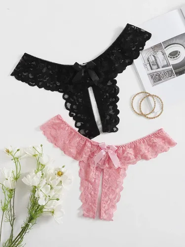 Vista 5 de Floerns Conjunto de 2 calzones de tanga de encaje sin costuras con cordones en V para mujer