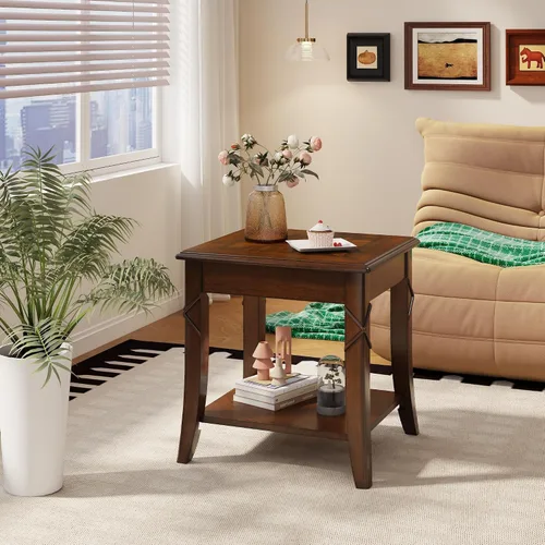Vista 8 de Mesa auxiliar de madera maciza con estante de almacenamiento, mesa auxiliar rectangular vintage para sofá con mesa de empalme y patas talladas, mesa