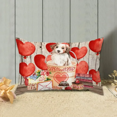 Vista 5 de Fundas de almohada lumbar con textura de madera rústica para perro en cubo, diseño de corazón rojo para el día de San Valentín, fundas de almohada