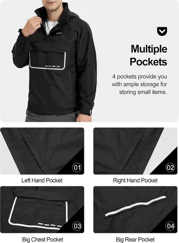 Vista 4 de KUTOOK Chaqueta impermeable para hombre con capucha reflectante, rompevientos, ligera, transpirable, con bolsillos