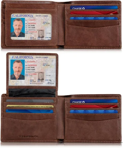 Vista 27 de SERMAN BRANDS Billetera de piel con 2 ventanas de identificación para hombre, con bloqueo RFID, doble tapa superior, billetera de viaje de capacidad