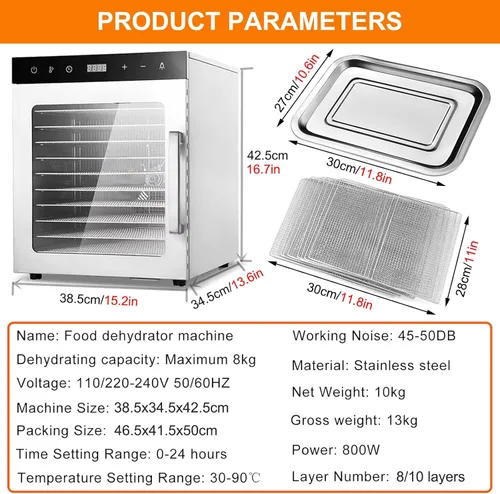 Vista 3 de Deshidratador de alimentos de 10 bandejas para frutas, verduras, carne, carne de res, secadora eléctrica de alimentos de 800 W con control
