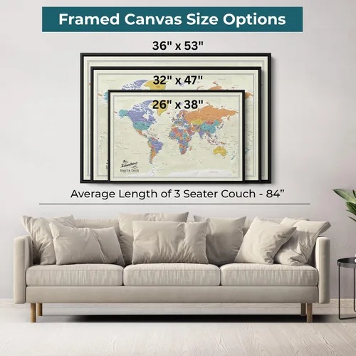Vista 4 de Lienzo - Mapa de viaje personalizado del mundo Tan Oceans con chinchetas y marco blanco texturizado