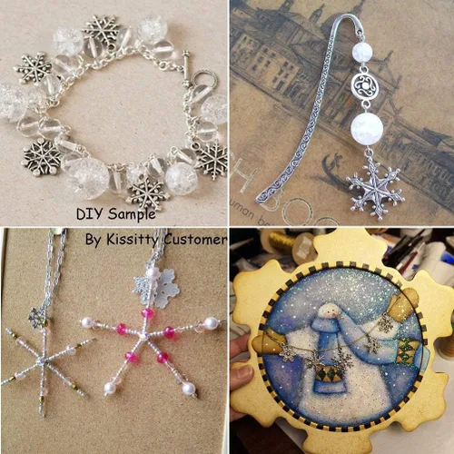 Vista 5 de CCINEE 100 dijes antiguos de copo de nieve, colgantes de metal plateado, al por mayor, mezclados a granel, joyería para hacer collares, pulseras