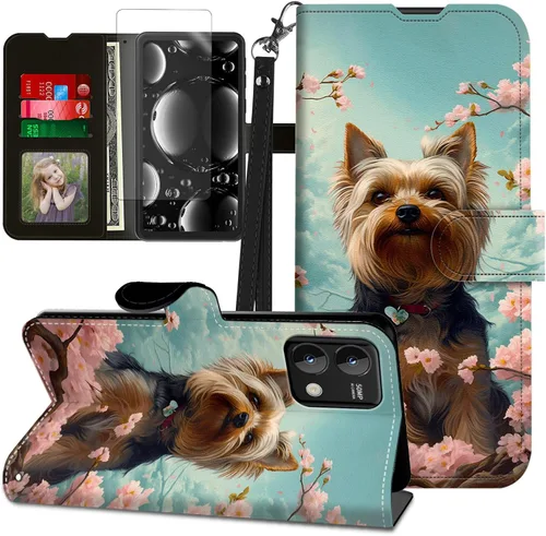 Vista 344 de Funda para Motorola Edge 2022 con protector de pantalla, soporte y tarjetero y correa para la muñeca, funda magnética para Moto Edge 2022 5G UW Lobo