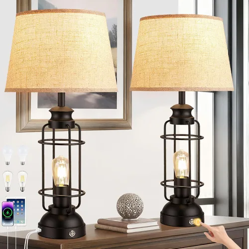 Vista 11 de Juego de 2 lámparas de mesa de 28" para sala de estar, lámparas táctiles regulables de 3 vías con puertos USB A+C, lámparas de mesa estilo granja