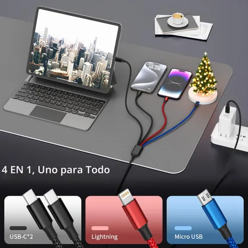 Vista 3 de Cable de carga USB C a 4 en 1 con doble puerto tipo C de 5 pies, cable de carga múltiple para múltiples dispositivos, cables USB con puerto