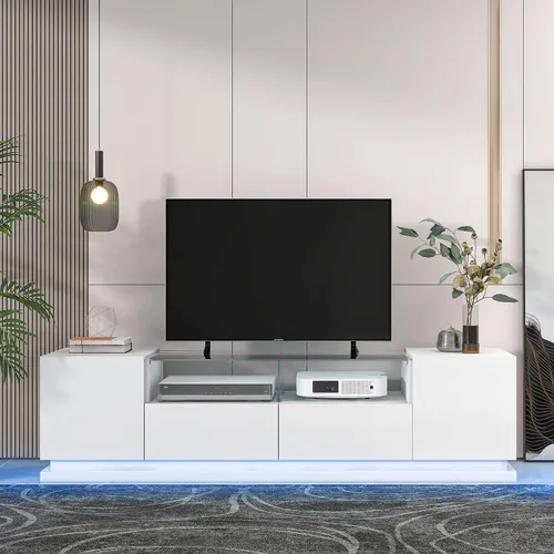 Vista 16 de Soporte de TV versátil de alto brillo con luces LED que cambian de color y 2 estantes de vidrio templado, centro de entretenimiento para televisores