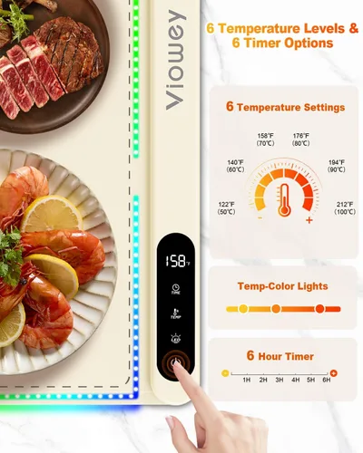 Vista 2 de Tapete de calentamiento de alimentos con luz, bandeja de calentamiento eléctrica con 6 ajustes de temperatura y temporizador de 6 horas, película