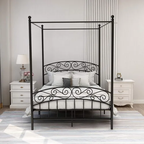 Vista 3 de Marco de cama con dosel de tamaño matrimonial, color negro Cama de plataforma de metal, fácil montaje, sin ruido, cabecero y estribo, soporte