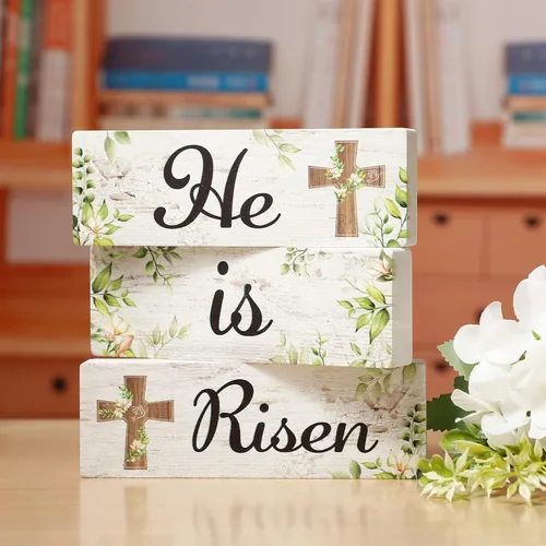Vista 10 de Qunclay Juego de 3 letreros de mesa de madera con texto en inglés "He is Risen" para decoración de mesa de madera de Pascua, centro de mesa