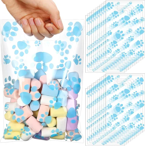 Vista 18 de Pasimy 100 bolsas de regalo de pata de perro a granel, diseño de pata de mascota, bolsas de plástico con asa para decoración de fiesta de cumpleaños