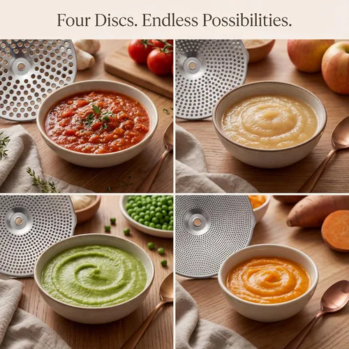 Vista 3 de Molinillo de Alimentos de Acero Inoxidable con 4 Discos Mejorado – Diseño Rotatorio Ergonómico para Salsa de Tomate, Puré de Manzana, Comida