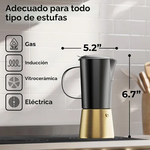 Vista 5 de Cafetera de acero inoxidable Moka Pot de 6 tazas (12 onzas líquidas), cafetera de estufa para inducción, estufas de gas y eléctricas, cafetera