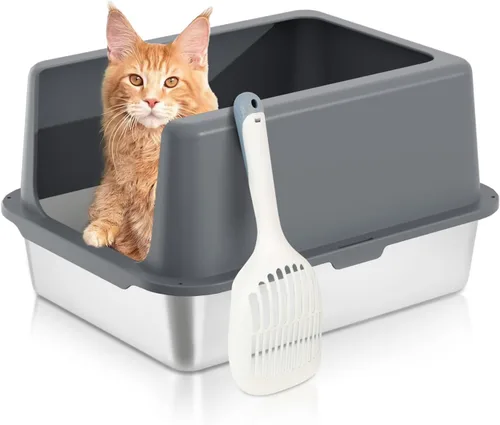 Vista 15 de Caja de arena para gatos de acero inoxidable, bandeja de arena de metal cubierta, bandejas de arena para gatos con lados altos, caja de arena
