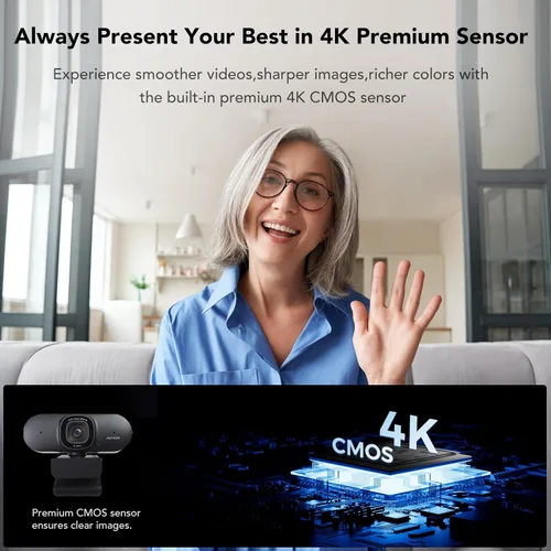 Vista 3 de NUROUM Cámara web V32AF 4K para PC, FOV ajustable, CMOS premium, enfoque automático de encuadre, micrófonos con cancelación de ruido, cámara web USB