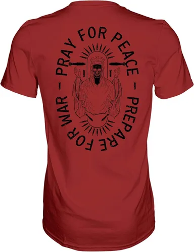 Vista 8 de Combat Iron Camiseta estampada de manga corta para hombre con texto en inglés "Pray for Peace, Prepare for War