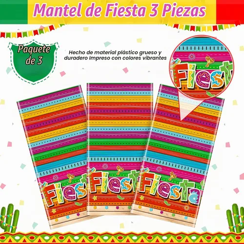 Vista 4 de Mantel de 3 piezas de decoración de fiesta mexicana, mantel de plástico impreso con Cinco de Mayo para fiesta, taco, noche, cumpleaños y suministros