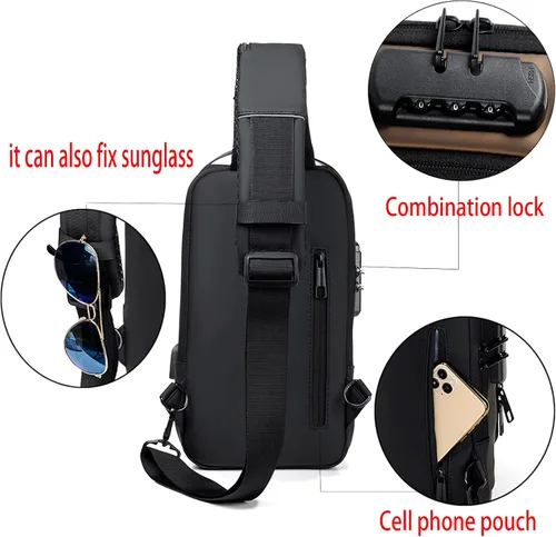 Vista 3 de CUICANSHANG Bolsa tipo bandolera impermeable para hombre, ligera, con cerradura de combinación, Negro