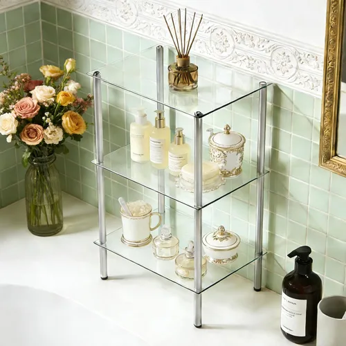 Vista 4 de HOOBRO Estante de cristal, unidad de estante de pie de baño de 3 niveles, estante de vidrio templado para espacio pequeño, organizador de soporte