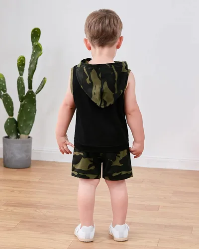 Vista 5 de SANMIO Conjunto de ropa de verano con capucha y pantalones cortos sin mangas con bolsillos, conjunto de ropa de 2 piezas para niño pequeño
