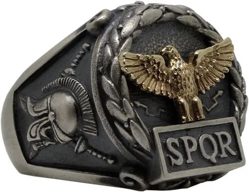 Vista 9 de Anillo de plata de ley y oro macizo amarillo de 10 quilates hecho a medida con águila del imperio romano SPQR Skull Biker para hombre