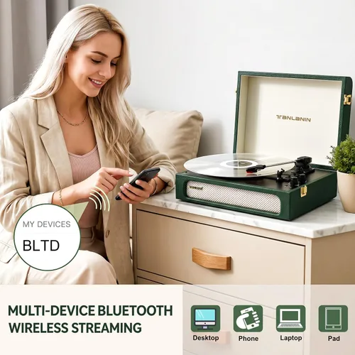Vista 4 de Vinyl Record Player with Speakers Bass & Treble Control Turntable Green