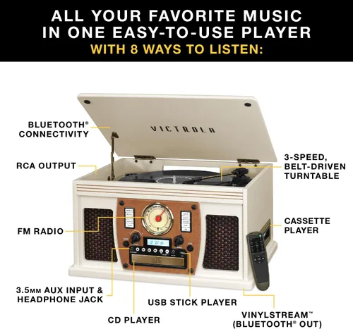 Vista 2 de Victrola Navigator 8 en 1 Reproductor clásico de discos Bluetooth con codificación USB y tocadiscos de 3 velocidades Individual Negro